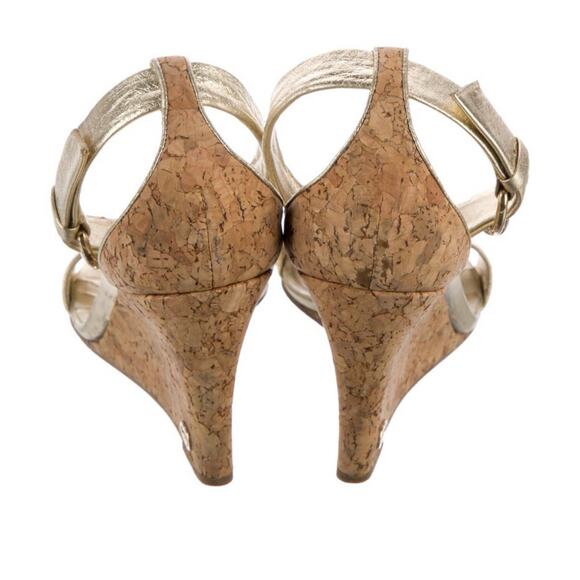 AUTH GUCCI Gold Leather Ankle Strap Cork Wedge Heel Sandals Rubber Sole Size 7.5 - Picture 4 of 6